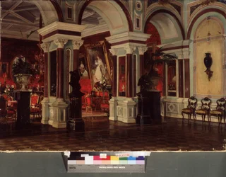 Tegne rom. Beskrivelse av arkitekturen og utsmykningen (møbler, maleri). Maleri av Ernest Karlovich Liphart (1847-1932), olje på lerret