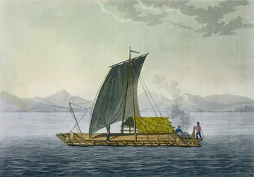 En flåte som forlater havnen i Guayaquil, Ecuador, fra 'Le Costume Ancien et Moderne', bind II, plate 9, av Jules Ferrario, gravert av Paolo Fumagalli, utgitt ca. 1820-30-tallet
