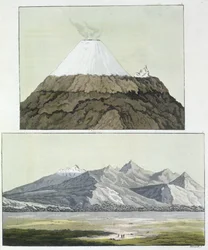 Toppen av Cotopaxi (øverst) og utbruddet av Cotopaxi, 1803 (nederst), fra «Le Costume Ancien et Moderne», bind I, av Jules Ferrario, utgitt ca. i 1820-30-årene