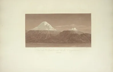 Utsikt over Chimborazo og Carguairazo, tegnet av Gmelin, gravert av Arnold, illustrasjon fra "Views of the Cordilleras and Monuments of the Native Peoples of America" ​​av Alexander von Humboldt og Aime Bonpland, 1813