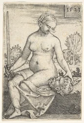 Judith, sittende naken med et sverd i høyre hånd, stirret ned på hodet til Holofernes ..., 1523.