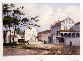 Statens hus i Malacca, gravert av Alfred Leon Lemercier, ca. 1840 (håndfarget litho)