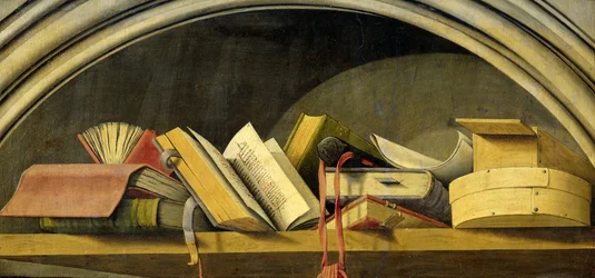 Stilleben med bøker i en nisje, 1442-45