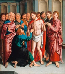 ""The Incredulity of St. Thomas"" Maleri av Bartholomaeus (Barthel) Bruyn sier førstnevnte (1493-1555), - Olje på tre Dim 62x56 cm Staatliche Museen, Berlin