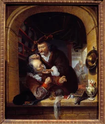 Medisin: "" en lege gjør en liten blødning for å behandle pasientens hodepine"" Maleri av Bartholomeus Maton (1643-1684) 1600-tallet Søn. 0,27x0,21 m Paris, Musee du Petite Palais