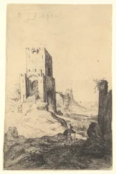 Utsikt over Ponte Mammolo, en bro i bakgrunnen, et tårn med rampe i midten..., 1639.