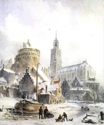 Barn som leker på en frossen elv, Deventer Cathedral Beyond