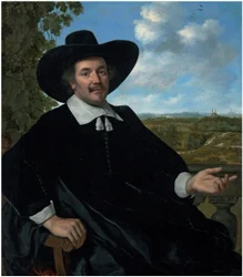 Portrett av Gabriel Marselis, trekvartlang, sittende, foran en balustrade, et landskap med et landsted og en fjern utsikt over Haarlem bortenfor