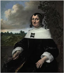Portrett av en dame, sannsynligvis Hester du Pire, sittende foran en balustrade, med en vifte i hånden, med utsikt mot havet utenfor
