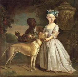 En ung jente med en hund og en side
