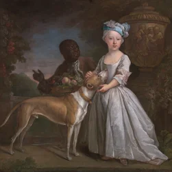En ung jente med en slavebundet tjener og en hund