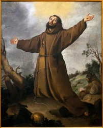 Saint Francois av Assisi (1181-1226) mottar stigma - Maleri av Bartolome Esteban Murillo (1617-1682), olje på lerret, ca. 1645-1650 - Museum of Fine Arts of Sevilla, Spania