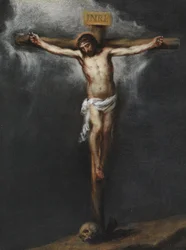 The Crucifixion par Murillo, Bartolome Esteban (1617-1682). Olje på lerret, størrelse: 43,9x33,3, , Privat samling