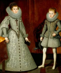 ""Portrett av Anne av Østerrike og hennes bror Philip (den gang Filip IV av Spania)"" (The Infante Philip, senere kong Filip IV av Spania (1605-1665) og hans søster Anne av Østerrike (1601-1666) ) Maleri av Bartolome Gonzalez y Serrano (1564–1627)