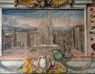 Soverom, detalj av frisen som skildrer byer under Medici-styret, muligens Lucca, freskomaleri fra 1564-75