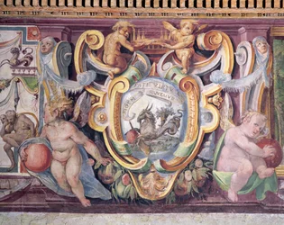 Sala del Granduca di Toscana-hallen til storhertugen av Toscana detalj av frisen som viser stjernetegnene, Steinbukken, emblemet til Francesco deMedici 1541-87 1564-75 fresco