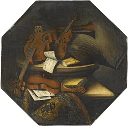 Et stilleben med en lutt, en cello, en fiolin og musikalske partiturer over en steinhylle ved siden av et teppe