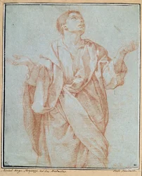 Man draperer, armene åpne, øynene hevet til himmelen, hodet vipper Tegning a la sanguine av Bartolomeo Cesi (1556-1620) Dim. 0,28 x 0,23 m Paris. Museet Louvre