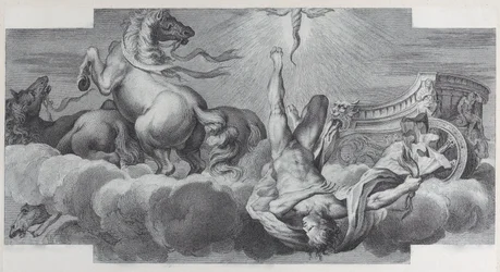 Plate 34: Auriga, vognføreren, faller fra vognen i midten, med tre hester ved l..., 1756. Skapere: Bartolomeo Crivellari, Gabriel Söderling.