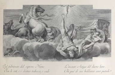 Plate 34: Auriga, vognføreren, faller fra vognen i midten, med tre hester ved l..., 1756