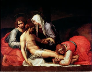 Deponeringsmaleri av Bartolomeo della Porta dit Fra Bartolomeo (1472-1517) Dim.158x199 cm Firenze, Palazzo Pitti, Galleria Palatina - Deponeringen, av Bartolomeo della Porta a.k.a. Fra Bartolomeo (1472-1517). Olje på tre