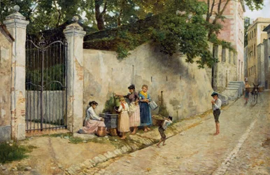 Ved fontenen, av Bartolomeo Giuliano (1825-1909), olje på lerret, 64,5x100 cm