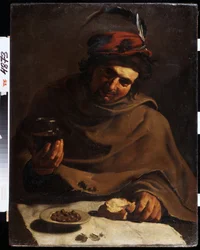 Frokost (frokost). Maleri av Bartolomeo Manfredi (1587-1622). Olje på lerret. Italiensk kunst, barokkstil. Statens kunstmuseum, Kharkiv eller Kharkov, Ukraina.
