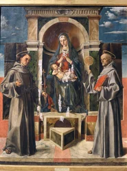 Madonna og barn tronet mellom Saint Francis og Saint Bernardino av Siena, ca. 1490