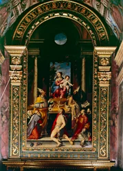 Madonna og barn tronet med Saint Anthony (olje på panel)