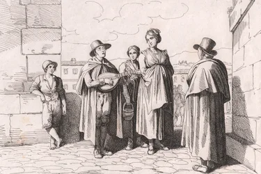 Blind mann synger og spiller, etsning av Bartolomeo Pinelli (Roma
