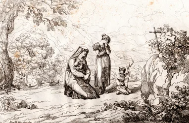 Ciociara-kvinne ber foran korset der mannen hennes ble drept, etsning av Bartolomeo Pinelli (Roma