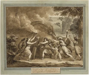 Cupid råder Calypso til å sette fyr på mentors skip, fra The Adventures of Telemachus, bok 7