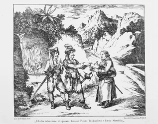 Don Abbondio møter to Bravi, litografi av Bartolomeo Pinelli (1781-1835) for The Troloved av Alessandro Manzoni (1785-1873), Italia, 1800-tallet