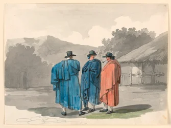 Tegning, en gruppe på tre bønder i en landsby, 1807–08
