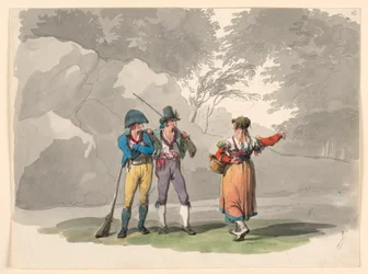 Tegning, en kvinne og to menn med våpen. Kostymer fra kongeriket Napoli, 1807–08.