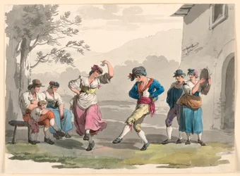 Tegning, «Saltarello Romano», Dansende bønder i Romas nabolag, 1807–08