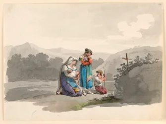 Tegning, kvinne med baby som ber foran korset som markerer stedet der mannen hennes ble drept, 1807–08