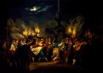 Nattdans på Piazza Barberini etter høsting, av Bartolomeo Pinelli (1781-1835), Italia