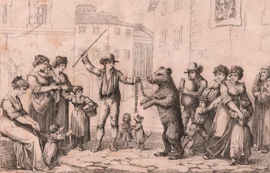 Bjørnedansen i Roma, etsning av Bartolomeo Pinelli (Roma