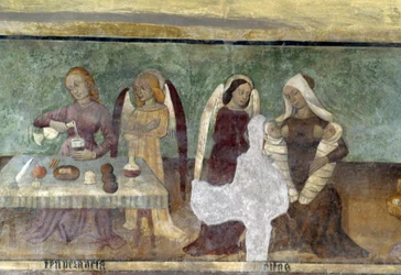 Allegorisk scene, detalj fra syklusen som skildrer kavalkaden av laster og dyder, ca 1490, av Bartolomeo Serra og Sebastiano Serra, freskomaleri, St. Stefans kapell, Giaglione, Piemonte, Italia