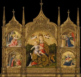 Ydmykhetens madonna, bebudelsen, fødselen og Pietà, ca. 1465 (tempera og gull på tre)