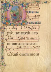 Manuskriptblad med inntog i Jerusalem på palmesøndag i en første D..., 1400-1500-tallet.