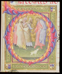 Ms 518 f.1r Historikert initial O som viser Tobias og engelen