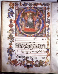 Ms. 557, fol. 35v, side med en illuminasjon som fremstiller Aegidius (Sankt Giles) (død ca. 700) på tronen og omgitt av engler, fra «Messale di Sant