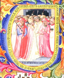 Ms 557 f.61v Historikert initial U som viser pave Martin V 1368-1431 konsekrerende kirken Sant. Egidio, fra en antifonal fra San Marco e Cenacoli 1420 vellumdetalj av 100098