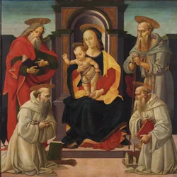 Madonna og barnet troner sammen med de hellige Johannes evangelisten og Jerome, og to benediktinske helgener