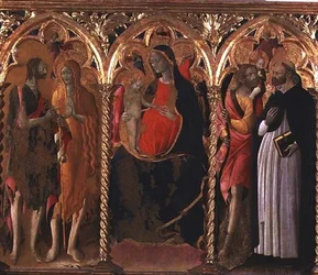 Triptyk: Madonna og barn (sentralt panel) med Døperen Johannes, St. Maria Magdalena, St. Christopher og St. Dominikus (tempera på panelet)