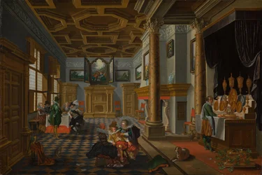 Renessanseinteriør med banketter, ca 1618-1622 (olje på panel)