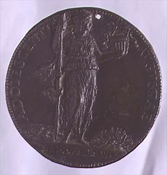 Portrettmedalje som viser en kvinneskikkelse som holder en stav (bronse) (for bakside se 96845)
