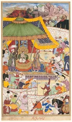 Den unge keiseren Akbar arresterer den frekke sjahen Abul-Maali, side fra et manuskript av Akbarnama, ca. 1590–95 (ugjennomsiktig akvarell og gull på papir)